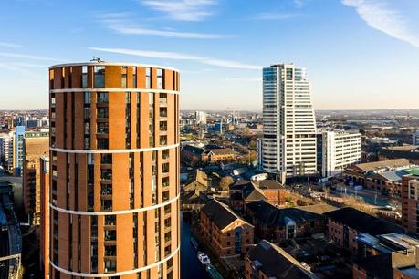 An aerial view of Candle House and Bridgewater Place buildings in Granary Wharf, Leeds