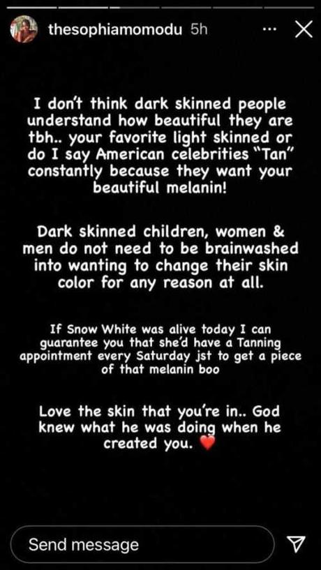 People Who Bleach Their Skin Are Most Confused – Davido’s Babymama, Sophia Momodu Attacks Maria’s Snow White Advert Encouraging Bleaching (Video)