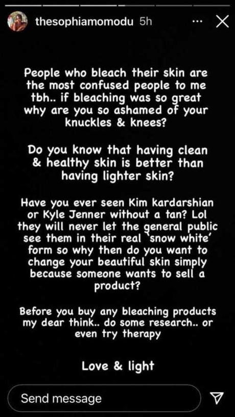 People Who Bleach Their Skin Are Most Confused – Davido’s Babymama, Sophia Momodu Attacks Maria’s Snow White Advert Encouraging Bleaching (Video)