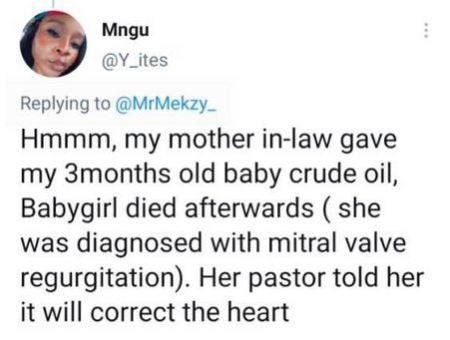 Woman Narrates How Her Baby Died After Her Mother-in-law Gave Her Crude Oil To Drink