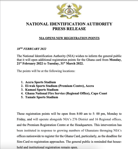 NIA opens new Ghana Card registration points