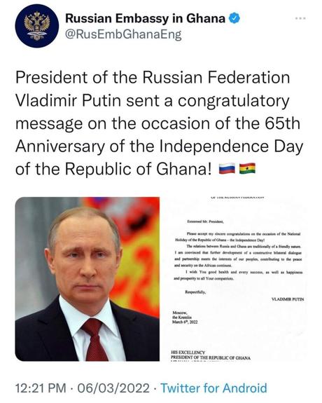Putin congratulates Ghana on 65th Independence Day anniversary