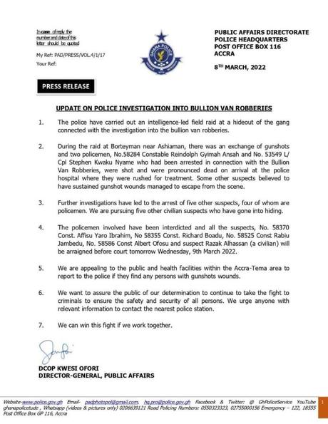 4 policemen arrested over bullion van robberies; 2 others shot dead