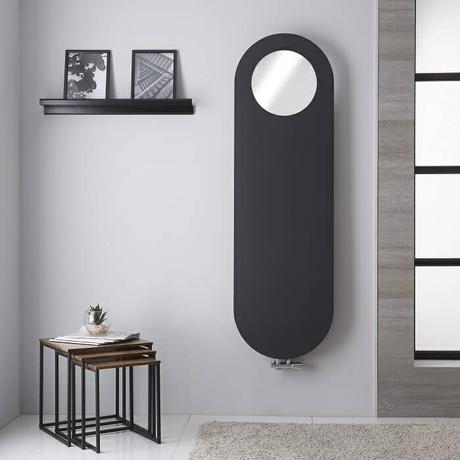 a mirrored vulcano radiator in a sitting room