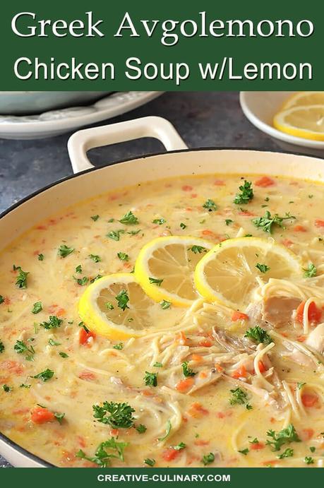 Greek Avgolemono Soup with Chicken and Lemon in a White Pot