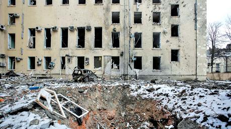 A view of a bomb crater after Russian shelling in Kharkiv, Ukraine.