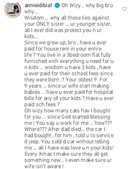 Annie Idibia reacts as elder brother, Wisdom, accuses her of enslaving him Annie Idibia reacts as elder brother, Wisdom, accuses her of enslaving him