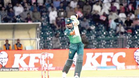 Skipper Babar Azam plays a shot against Australia.