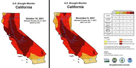 Maps from the U.S. Drought Monitor show California conditions on Oct. 19, 2021, and on Nov. 9, 2021, after two storms swept the state.