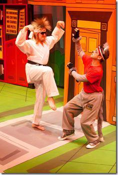 Kyle Rehder as Sensei Chuck and Joe Goldammer as Cat in Emerald City Theatre's If You Give A Cat A Cupcake, adapted and directed by Ernie Nolan. (photo credit: Tom McGrath)