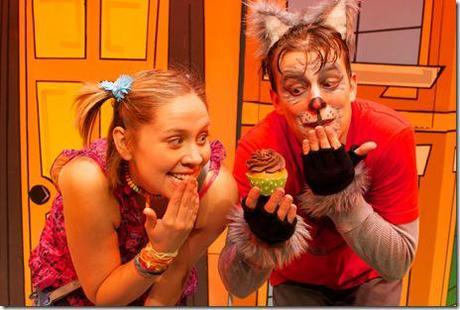 Leah Raidt as Girl and Joe Goldammer as Cat in Emerald City Theatre's If You Give A Cat A Cupcake, adapted and directed by Ernie Nolan. (photo credit: Tom McGrath)