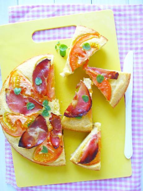 Savory Polenta Cake with Ricotta-Italian Ham-Tomato and Fresh Oregano  Leaves--And Thoughts on Challenges