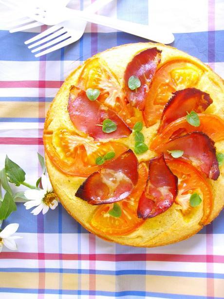 Savory Polenta Cake with Ricotta-Italian Ham-Tomato and Fresh Oregano  Leaves--And Thoughts on Challenges