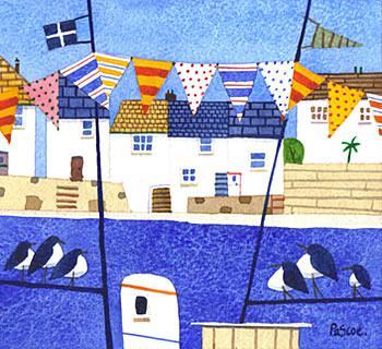 A painting of an English Seaside with Bunting