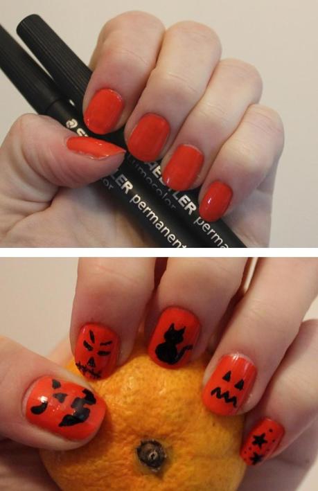 halloween manicure diy nail art tutorial orange and black pumpkin faces