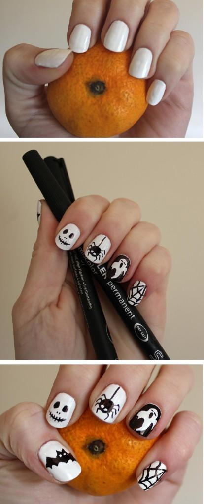 halloween nail art manicure tutorial using permanent pens white and black