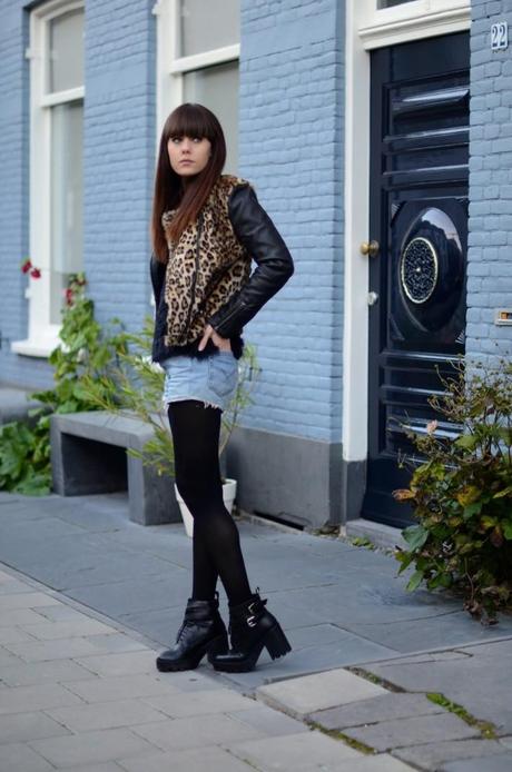 winter outfit vintage denim shorts tights boots