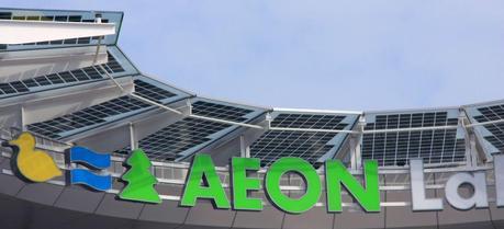 Solar panels on the roof of the AEON LakeTown shopping mall in Saitama, Japan.