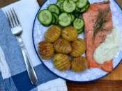 Healthy International Recipe: Norwegian Roasted Salmon with Hasselbeck Potatoes, Quick Pickle Cucumbers, Dill Sour Cream Sauce