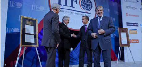 Left to right: Then-Managing Director of the IIF Charles Dallara, then-President of the European Central Bank Jean-Claude Trichet, then-Governor of the Bank of Canada and Chairman of the Financial Stability Board Mark Carney, then-CEO of Deutsche Bank and Chairman of the IIF Josef Ackermann