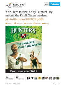 Response preview to Hunters poster on @SABCToo Twitter account: 183 Retweets       & 23 Favourates            
