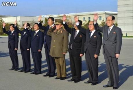Senior DPRK officials acknowledge President Elbegdorj's departure at Pyongyang Airport on 31 October 2013.  Among those in attendance are Col. Gen. O Kum Chol (4th R), Ri Ryong Nam (3rd R), Pak Ui Chun (2nd R) and Kim Yong Nam (R) (Photo: KCNA).