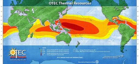 The temperature difference between deep and shallow ocean waters offers enormous potential for producing energy. On an average day, 60 million square kilometers of tropical seas absorb an amount of solar radiation equivalent to the energy produced by approximately 250 billion barrels of oil.