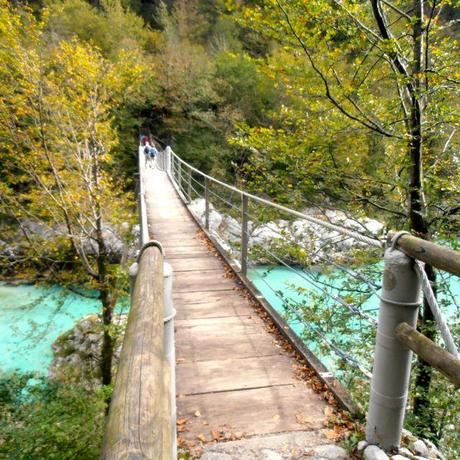 Footbridge over the Soča River,  constructed on the very spot where a wooden footbridge had been during WWI.