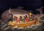 Matsya steering the boat through the flood waters