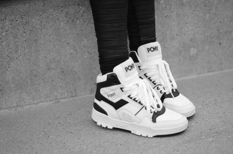 white old school pony high top trainers