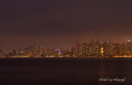 Toronto, cityscape, skyline, night photography, fog, CN Tower, Ward Island, long exposure