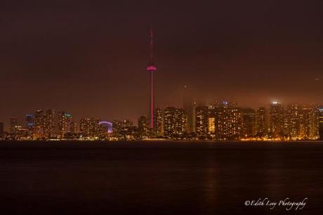 Toronto, cityscape, skyline, night photography, fog, CN Tower, Ward Island, long exposure