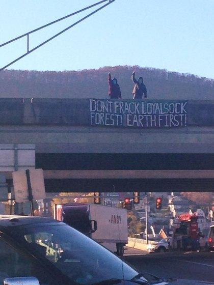 On Monday, November 4th, MSEF! activists hung a banner during morning rush hour on the I-180 bridge over Maynard Street in Williamsport, which read “Don’t Frack Loyalsock Forest! Earth First!”