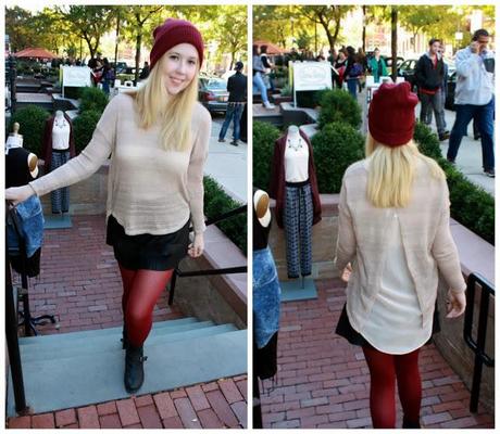 nude knit sweater, vegan leather skirt, oxblood knit beanie, shopping on Newbury St