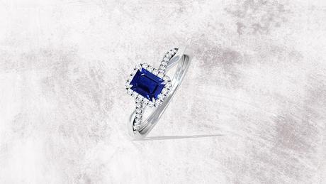 Emerald Cut Untreated Blue Sapphire Halo Ring with Twist Band and Pave Set Diamonds