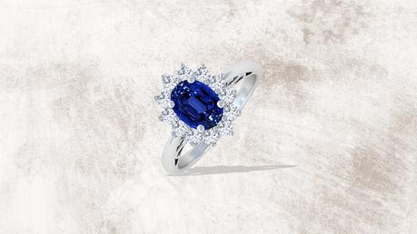 Four Prong Princess Diana Inspired Oval Untreated Blue Sapphire Halo Ring