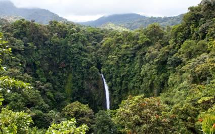 Wide angle view of La Fortuna de San Carlos waterfall in Arenal volcano national park, Costa Rica