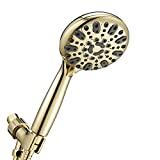 Couradric Handheld Shower Head, 6 Spray Setting High Pressure Shower Head with Brass Swivel Ball Bracket and Extra Long Stainless Steel Hose, Polished Brass, 5'