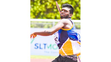 Rumesh Tharanga, the promising athlete from St. Peter’s, in action during the Javelin Throw event.