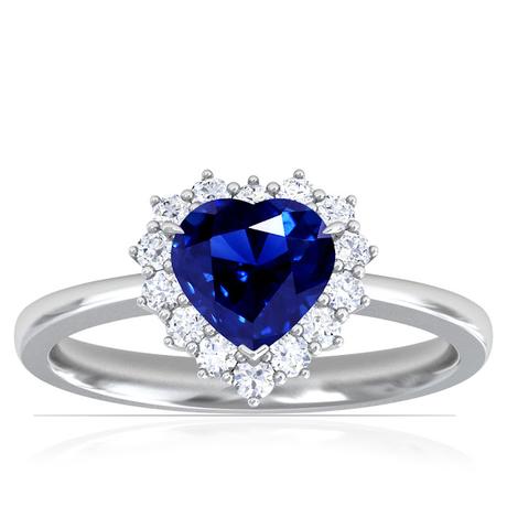 Heart Shape Blue Sapphire and Diamond Halo Ring