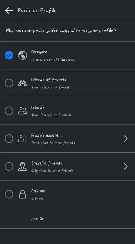 Change to Friends of friends, Friends or Friends except, Specific friends or only me