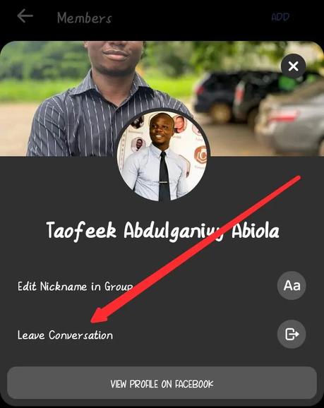 Tap your name to see your profile and select Leave Conversation