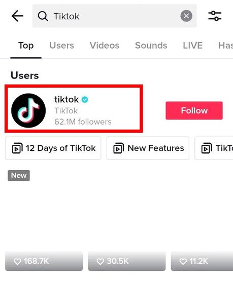 Search for TikTok to see the official TikTok account