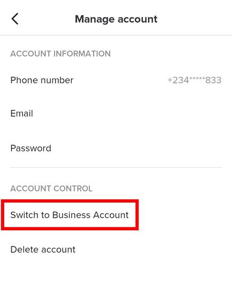 Select the Switch to Business Account option