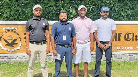 The winner Chalitha Pushpika (left extreme) with Assistant National Coach of Sri Lanka Golf G.M. Pradeep Kumara and joint runner-ups Vinoth Kumar and Uchitha Akash Ranasinghe.