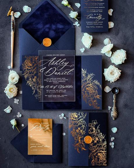 blue and gold wedding theme decor stationery