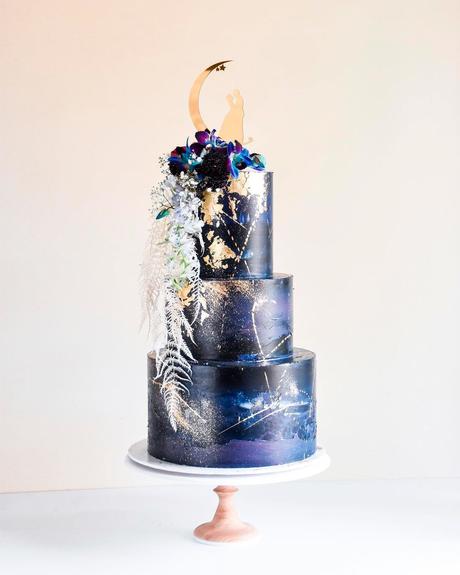 blue and gold wedding theme cake celestial