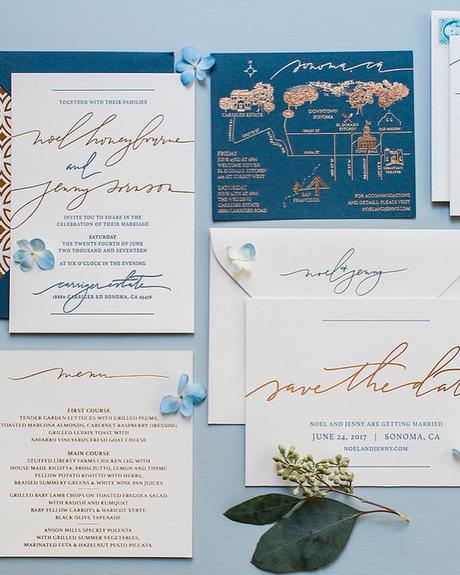 blue and gold wedding theme decor stationery invitations