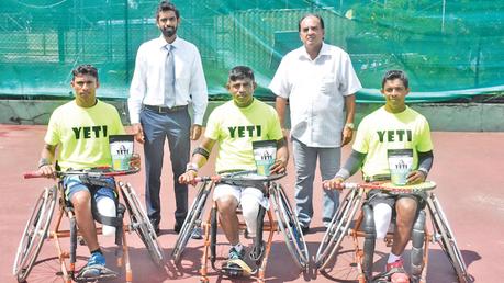 Lankan team with officials: Seated (from left): Suresh Dharmasena, D. M. Gamini and Lasantha Ranaweera. Standing (from left): Dr. Dilshan Balasuriya (Director, Yeti) and Iqbal Bin Issack (President, SLTA)