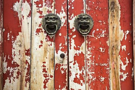 closeup of the mottled old door with knocker